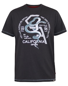 D555 Cortex California T-Shirt mit Schlangenmuster und Rundhalsausschnitt in verwaschenem Schwarz
